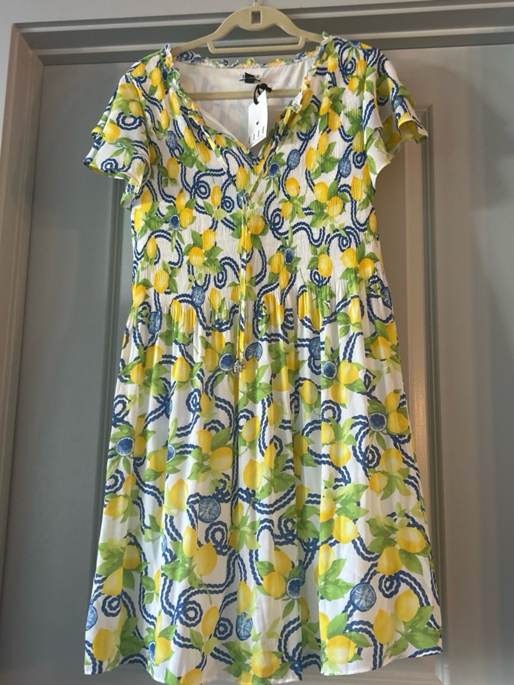 Elle Floral Lemon-Print Cotton Sundress in White, Yellow & Blue - Picture 2 of 4